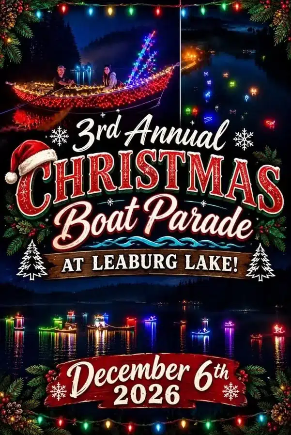 Poster: 3rd Annual Christmas Boat Parade at Leaburg Lake, December 6, 2026, with lit-up boats on the water at night